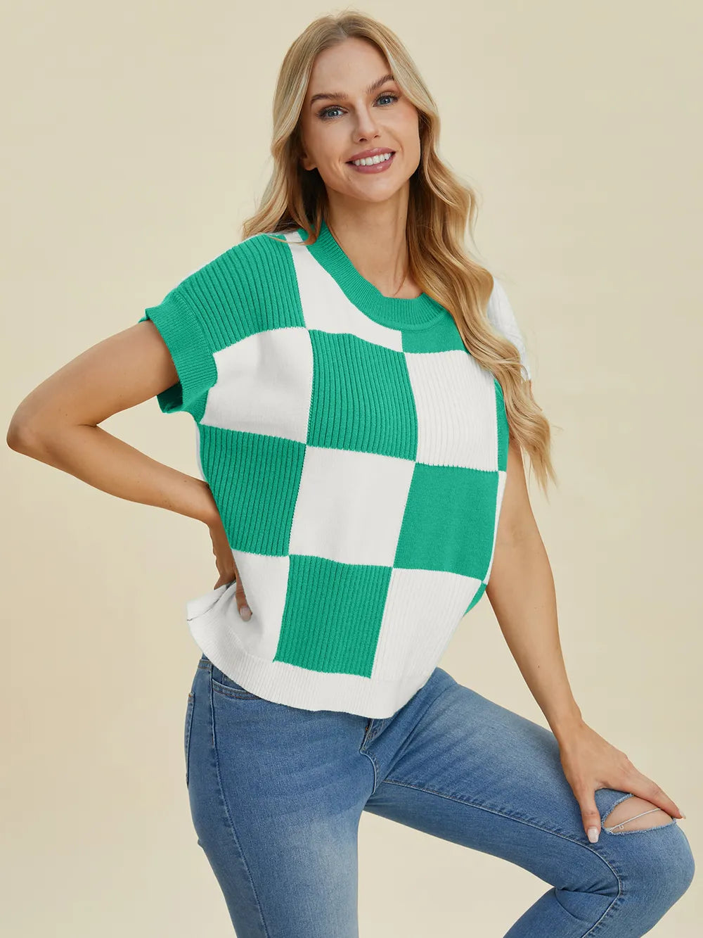 Cove Delacroix — Double Take Full Size Checkered Round Neck Short Sleeve Sweater, alternate view 18