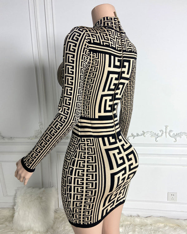 Fitted Dress with Turtleneck and Jacquard, Elegant Mini Design HT3048