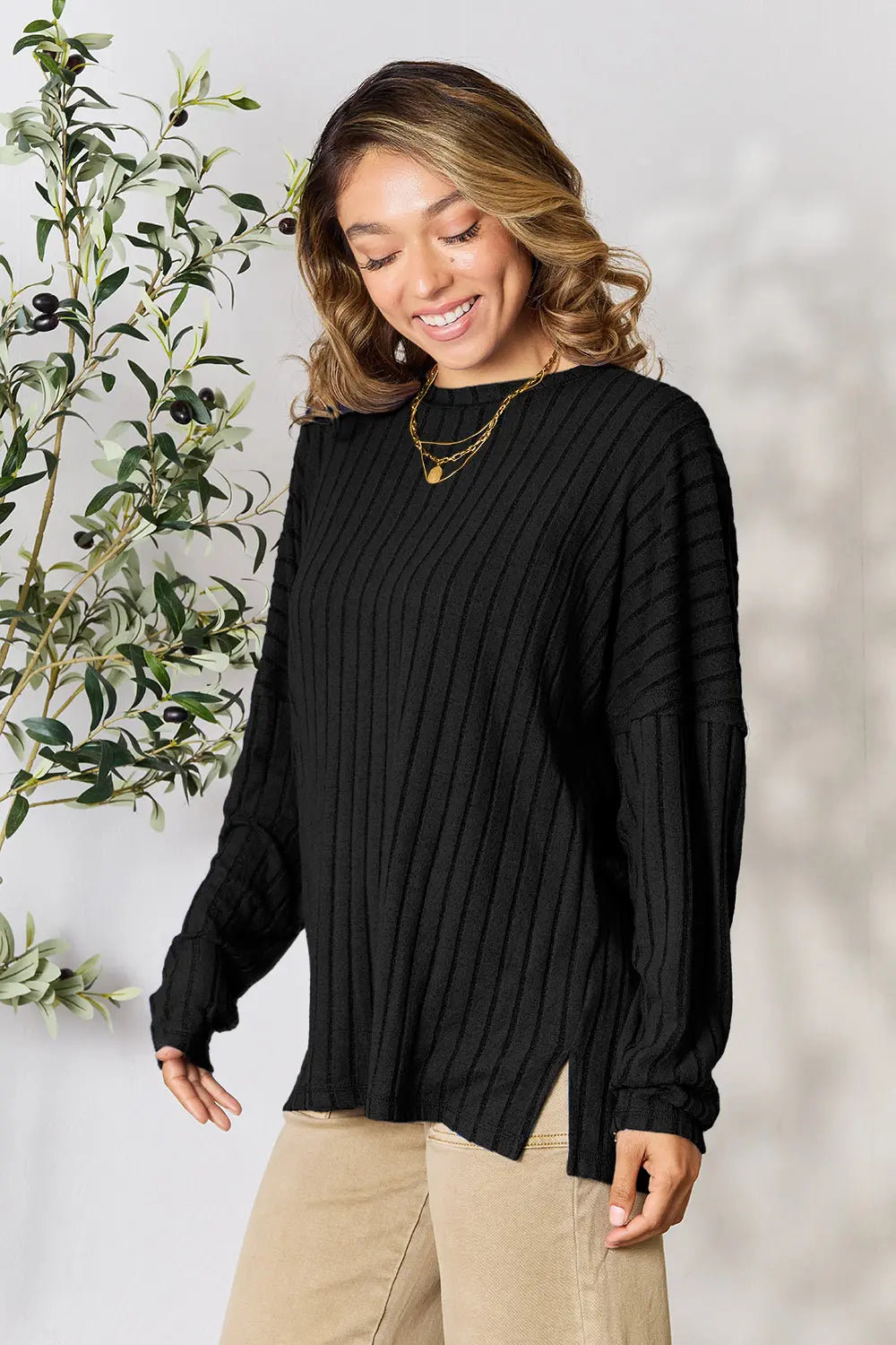 Vale Delacroix — Basic Bae Full Size Ribbed Round Neck Slit Knit Top, alternate view 8