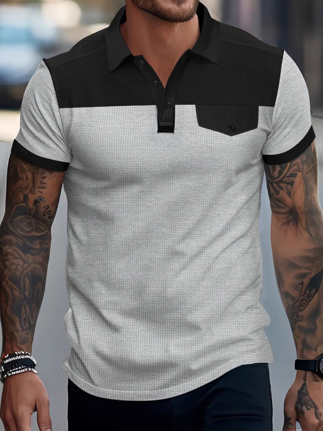 Damian — Men's Full Size Waffle-Knit Collared Contrast Polo Plus Size, alternate view 7