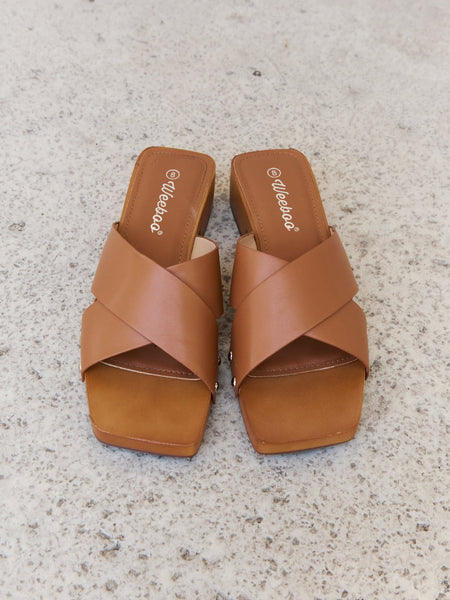 Weeboo Step Into Summer Criss Cross Wooden Clog Mule in Brown - Opulent Empire