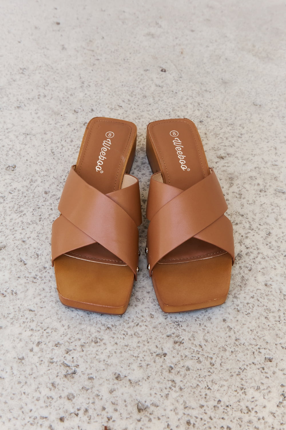 Bellamy Laurent — Weeboo Step Into Summer Criss Cross Wooden Clog Mule in Brown Brown Fashion Footwear, alternate view 5