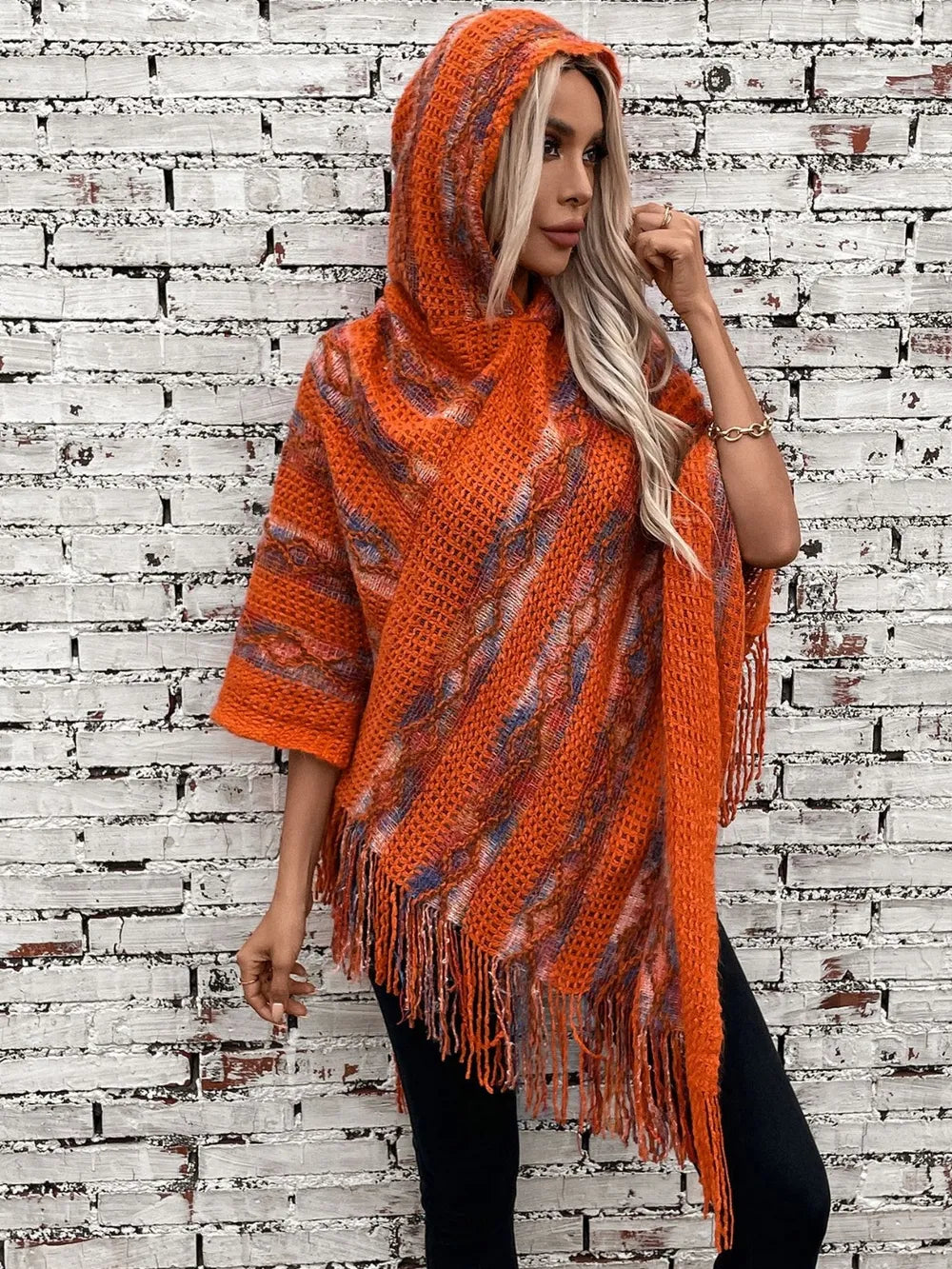 Aster Versailles — Fringe Contrast Hooded Poncho, alternate view 3