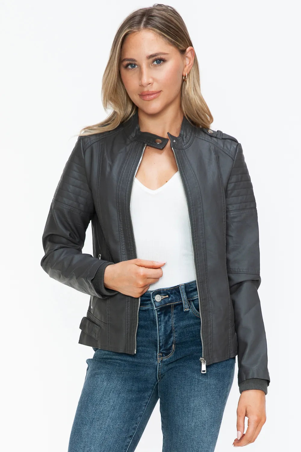 Jules Rosetti — Snobbish PU Leather Biker Jacket with Side Zip Pockets, alternate view 4