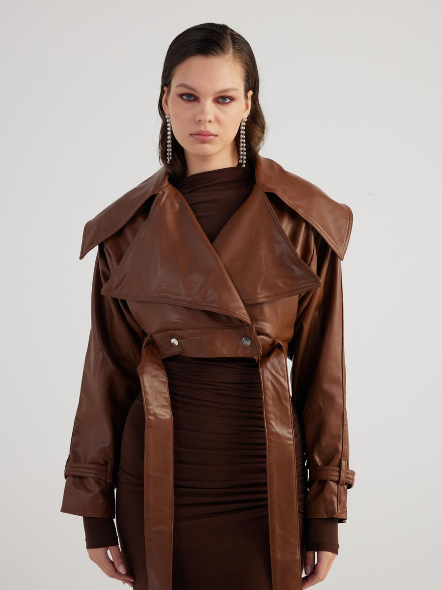 Neeko Chocolate Faux Leather Cropped Jacket-0