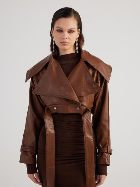 Neeko Chocolate Faux Leather Cropped Jacket-0