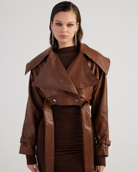 Neeko Chocolate Faux Leather Cropped Jacket-0