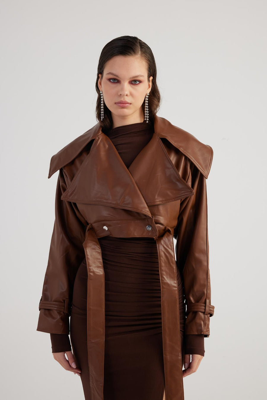 Neeko — Chocolate Faux Leather Cropped Jacket