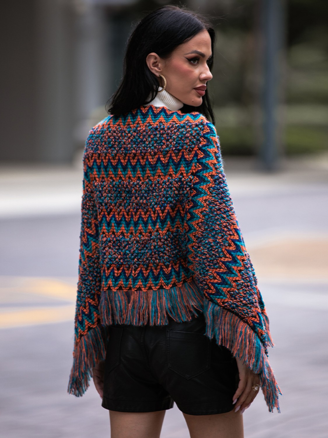 Harbor Versailles — Shiny Fringe Hem Boat Neck Poncho, alternate view 2