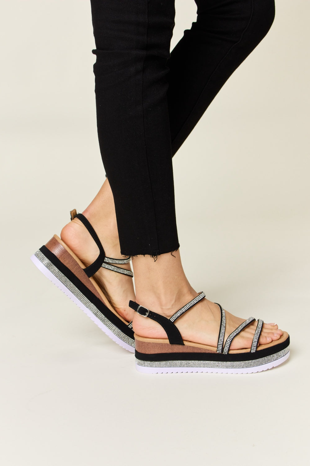 Ciel Laurent — Forever Link Rhinestone Strappy Wedge Sandals Black Fashion Footwear, alternate view 4