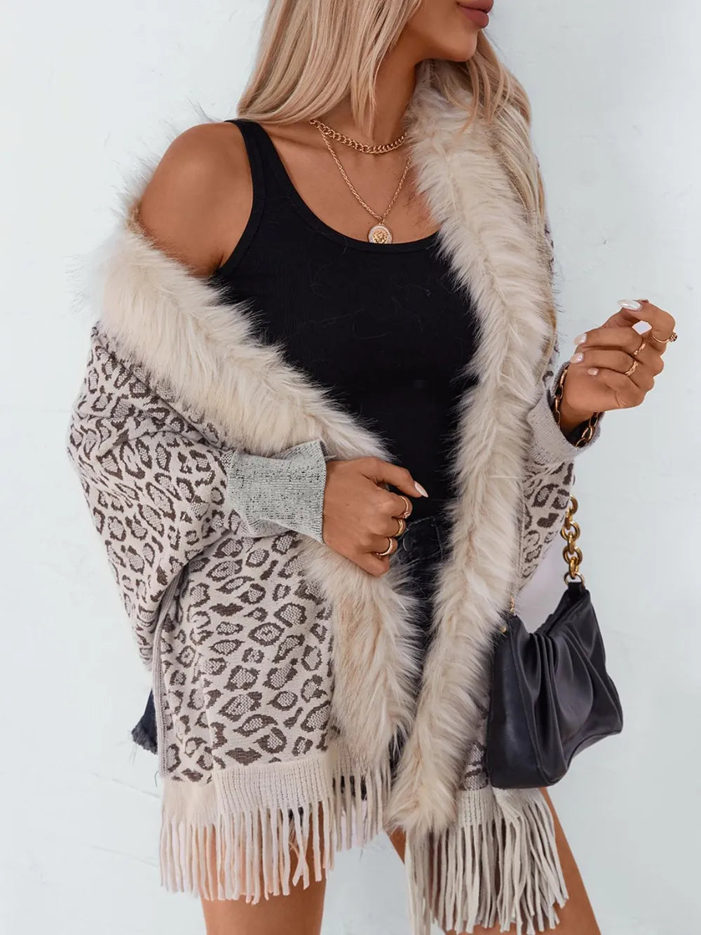 Rain Sorrento — Fringe Leopard Open Front Long Sleeve Poncho, alternate view 4
