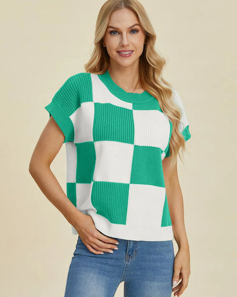 Cove Delacroix — Double Take Full Size Checkered Round Neck Short Sleeve Sweater, alternate view 17