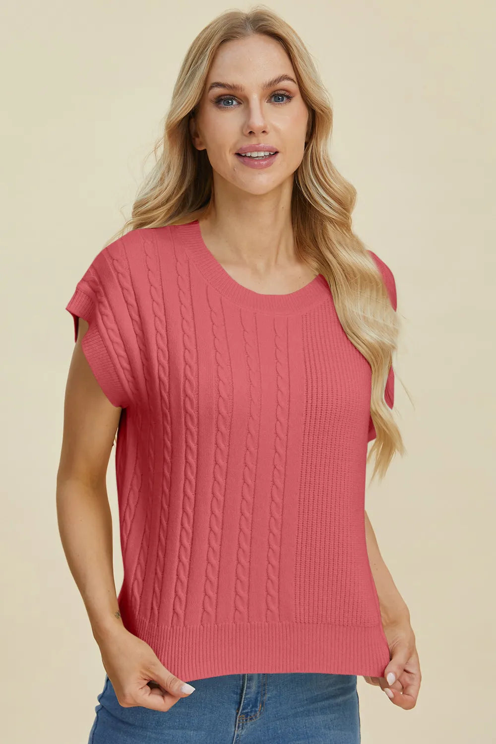 Quinn Fontaine — Double Take Full Size Cable-Knit Round Neck Short Sleeve Sweater, alternate view 13