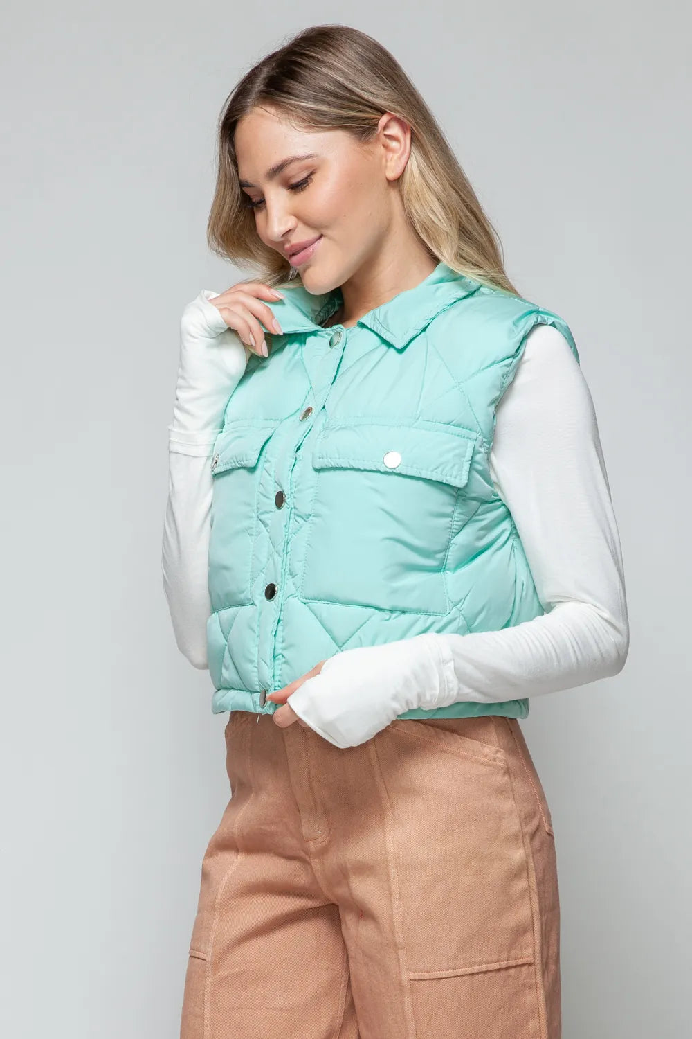 Rowan Rosetti — Snobbish Snap Down Quilted Crop Vest Green Coat or Jacket, alternate view 5