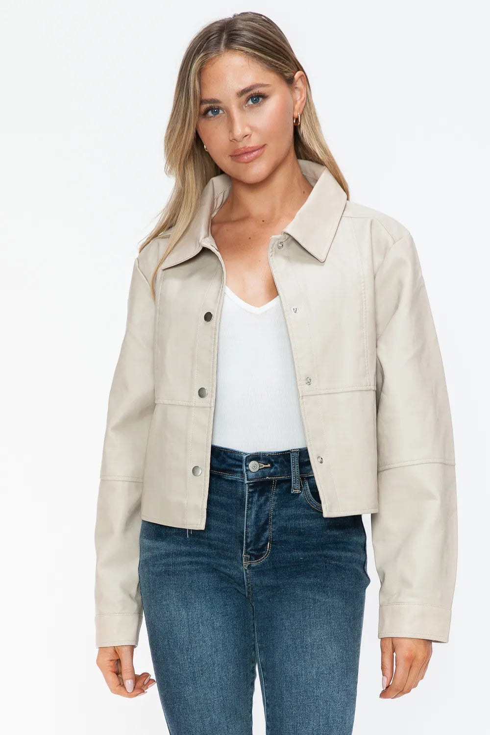 Ellis Rosetti — Snobbish Snap Down Long Sleeve PU Leather Jacket, alternate view 7