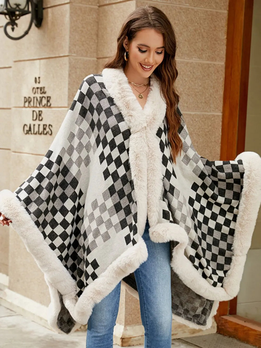 Ivory Versailles — Fuzzy Checkered Long Sleeve Poncho, alternate view 3