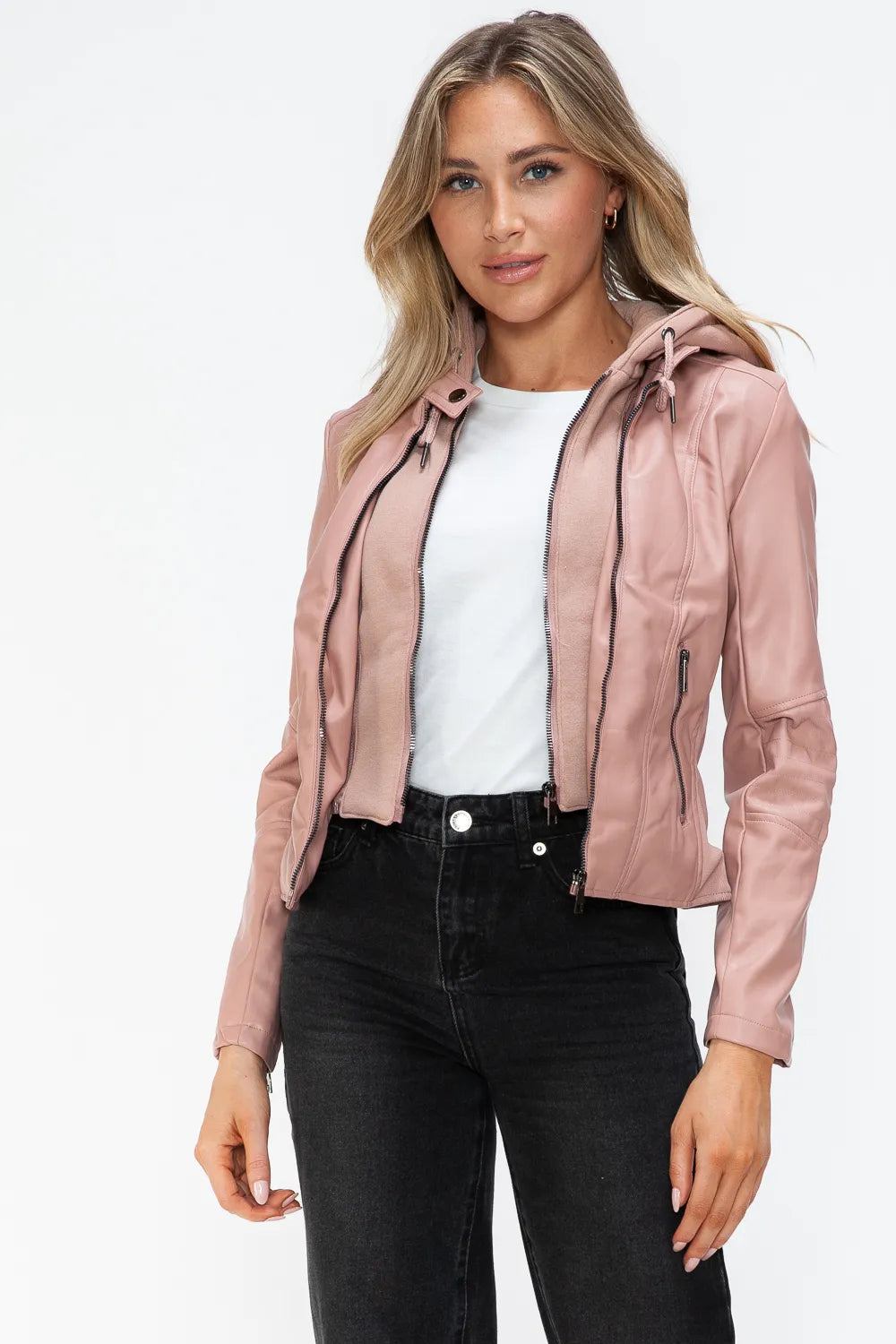 Rain Rosetti — Snobbish Faux Leather Zip Up Drawstring Hooded Jacket, alternate view 16