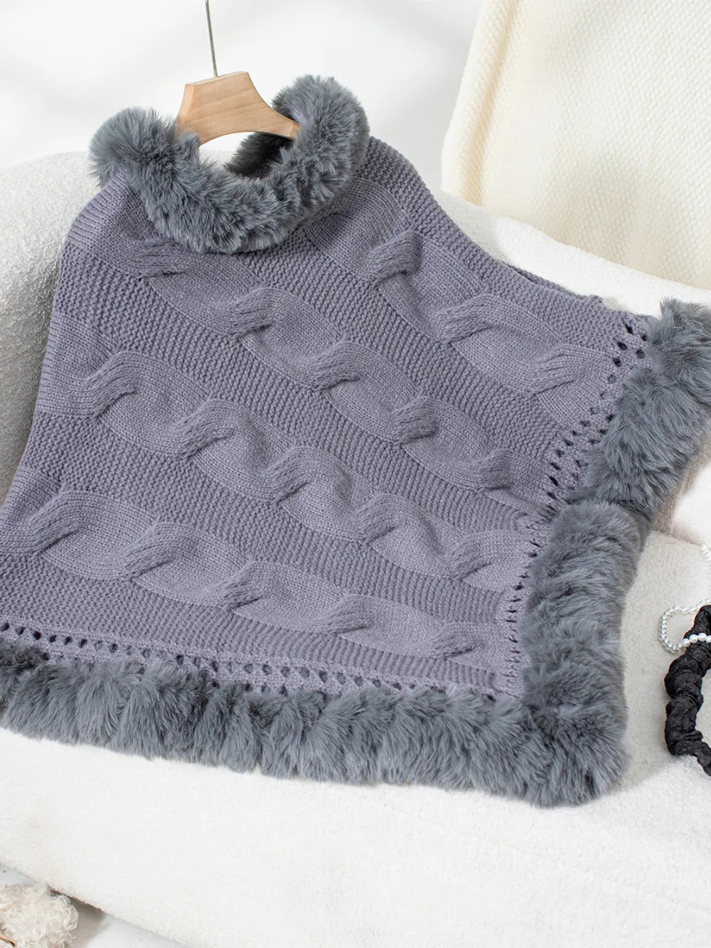 Cove Versailles — Fuzzy Hem Cable-Knit Poncho, alternate view 16
