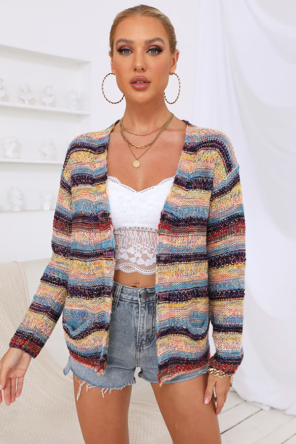 Gray Valmont — Striped Long Sleeve Open Front Cardigan, alternate view 3