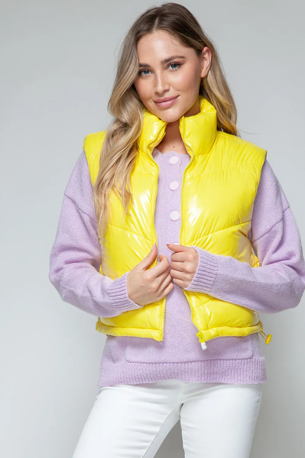 Darcy Rosetti — Snobbish Zip Up Turtleneck Shiny Quilted Vest Yellow Sweater or Cardigan, alternate view 6