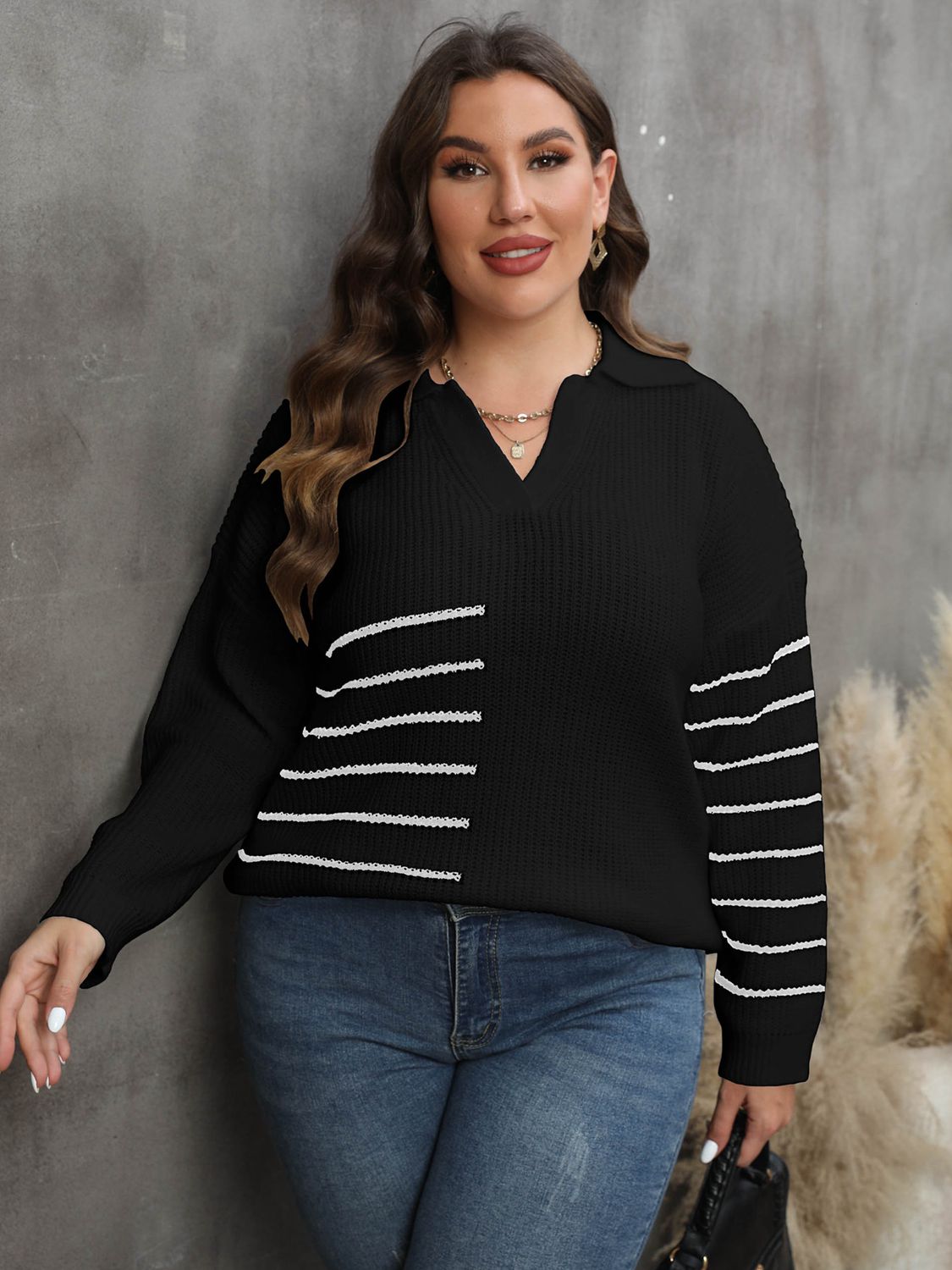 Quinn Moreau — Plus Size Striped V-Neck Sweater, alternate view 7