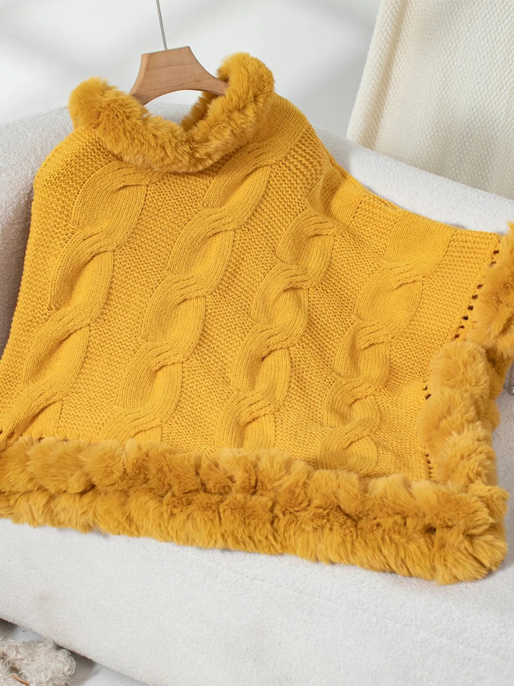 Cove Versailles — Fuzzy Hem Cable-Knit Poncho, alternate view 7