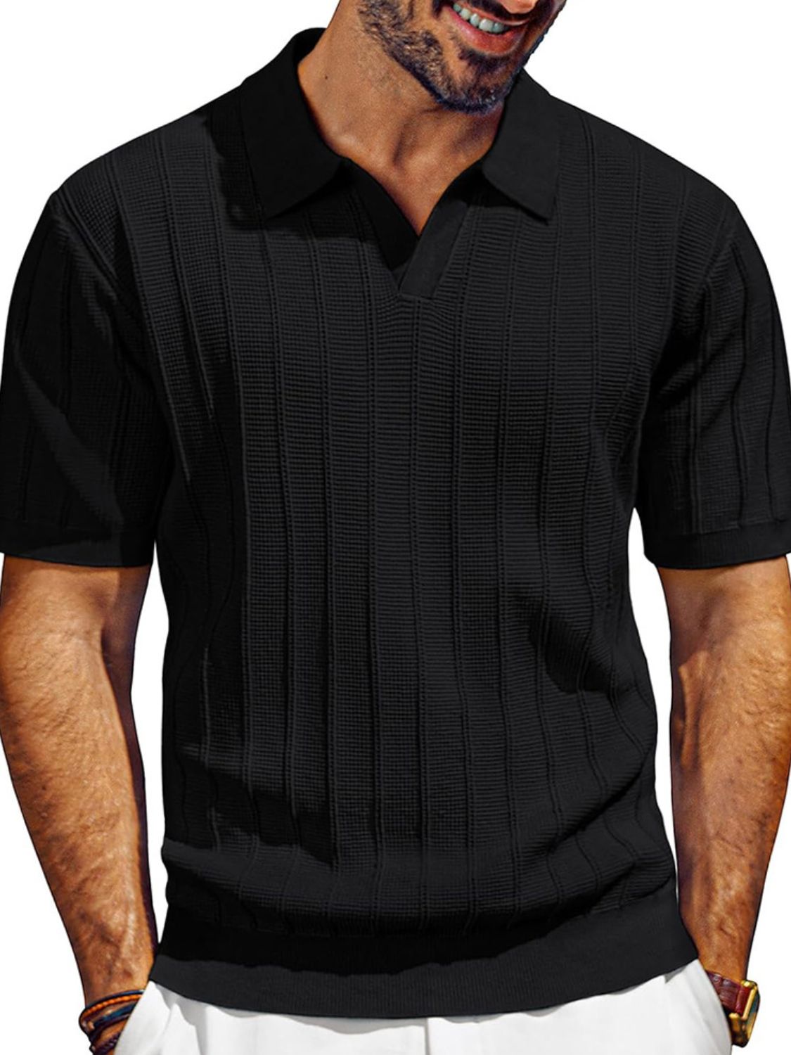 Dorian — Men's Full Size Textured Collared Neck Short Sleeve Polo Plus Size Men's Tailored Shorts, alternate view 6