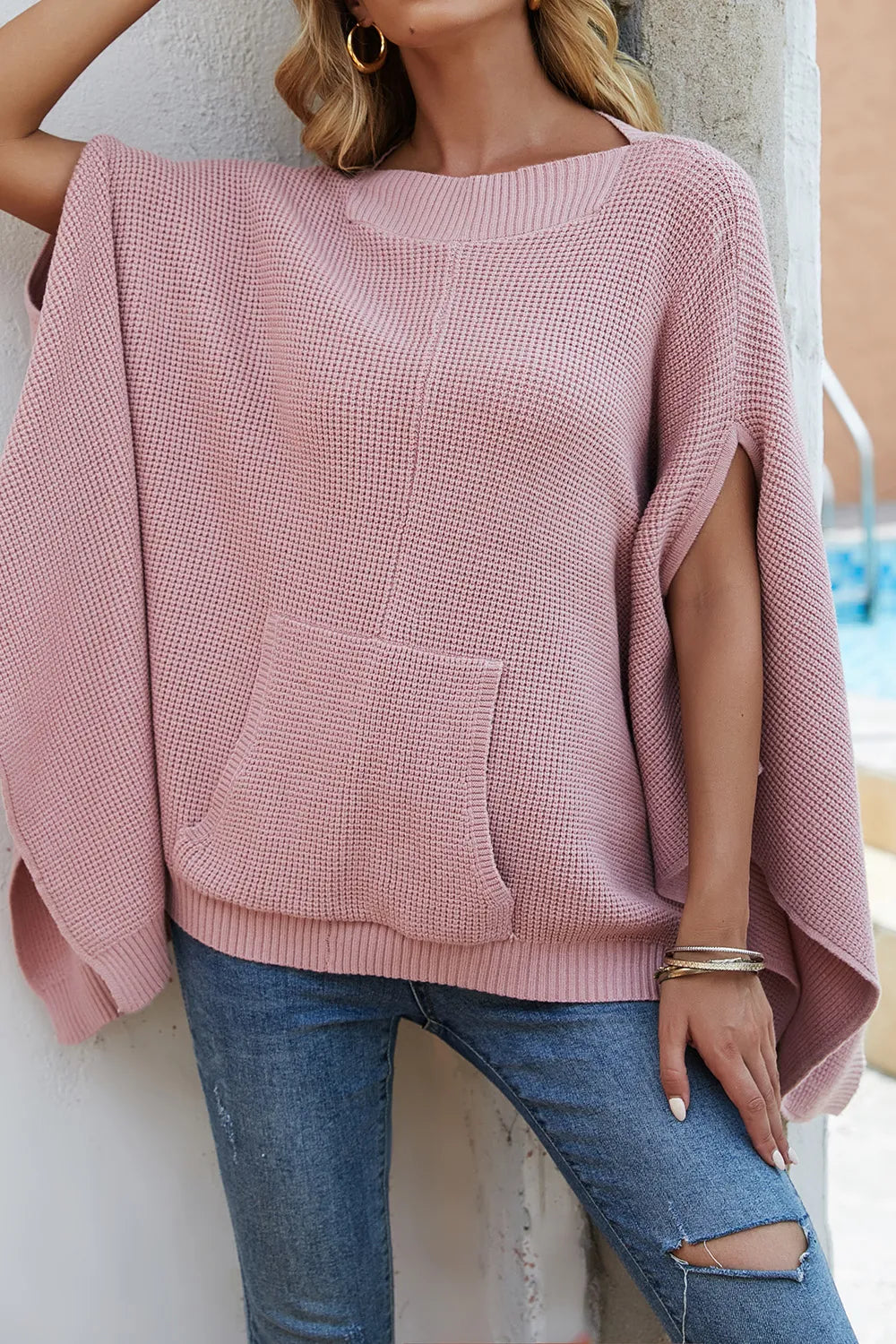 Hollis Versailles — Waffle-Knit Pocketed Cape Sleeve Sweater, alternate view 5