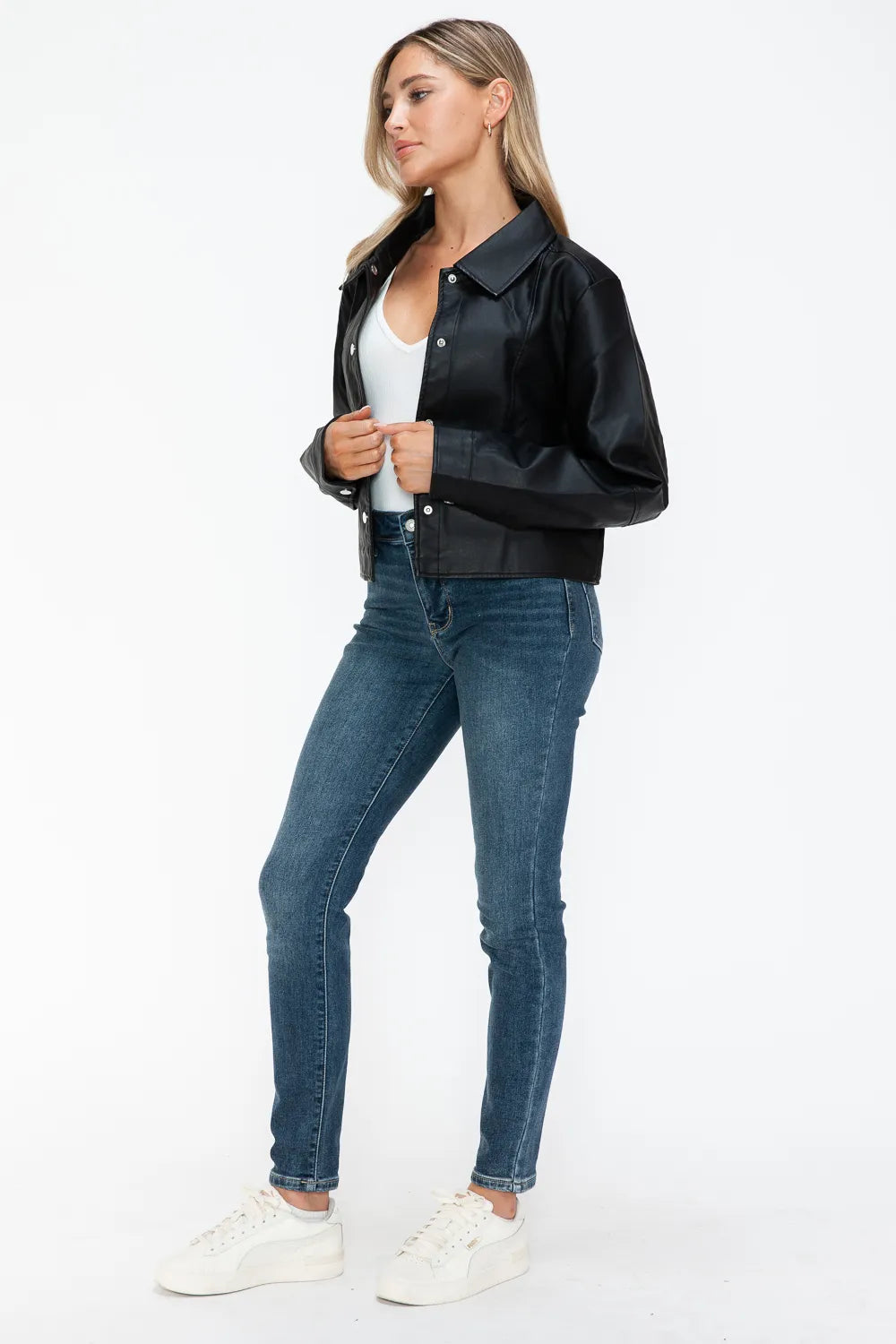 Rain Saint-Clair — Snobbish Snap Down Long Sleeve PU Leather Jacket, alternate view 12