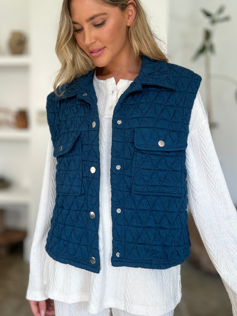 Double Take Full Size Pocketed Texture Snap Down Vest Coat