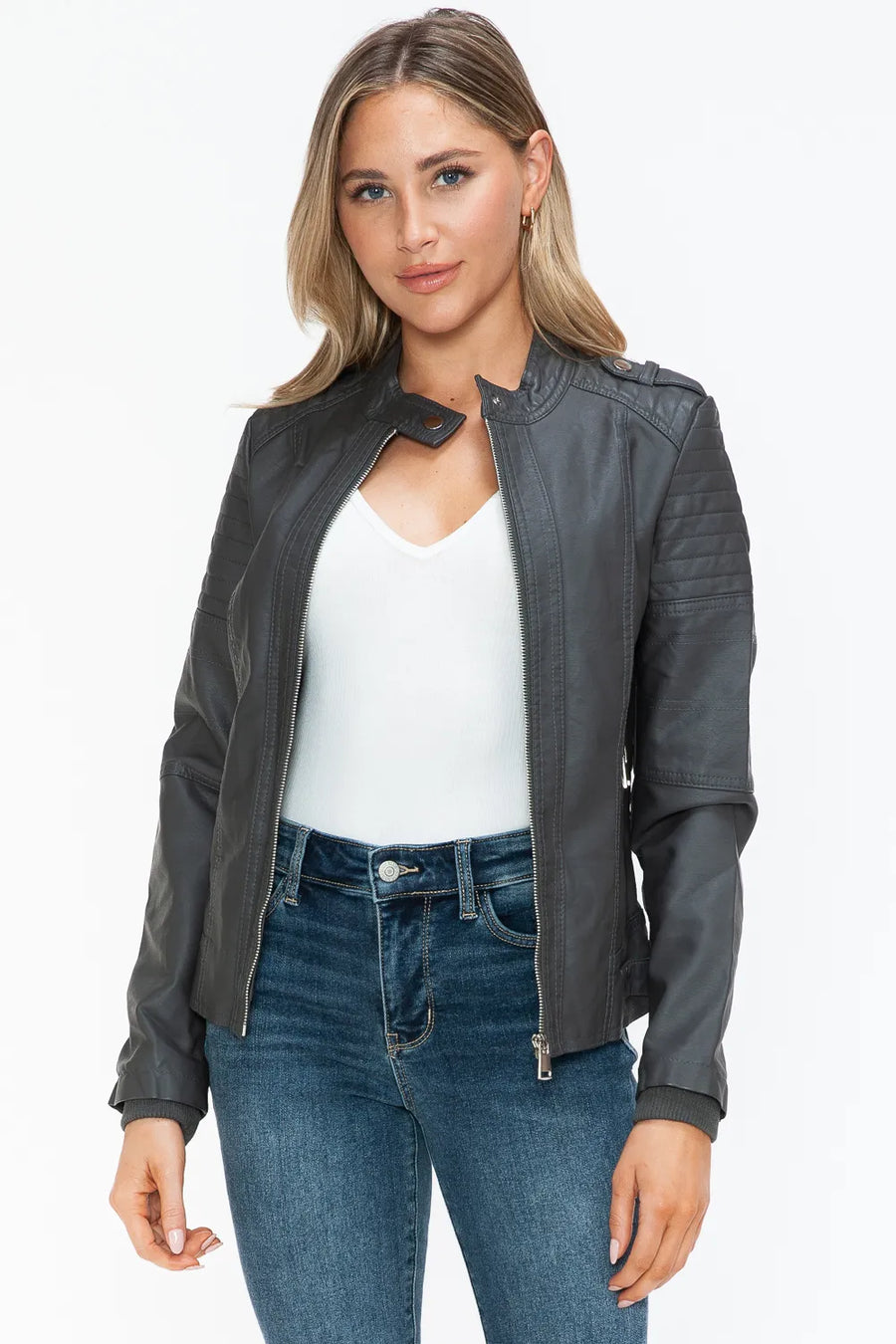 Jules Rosetti — Snobbish PU Leather Biker Jacket with Side Zip Pockets
