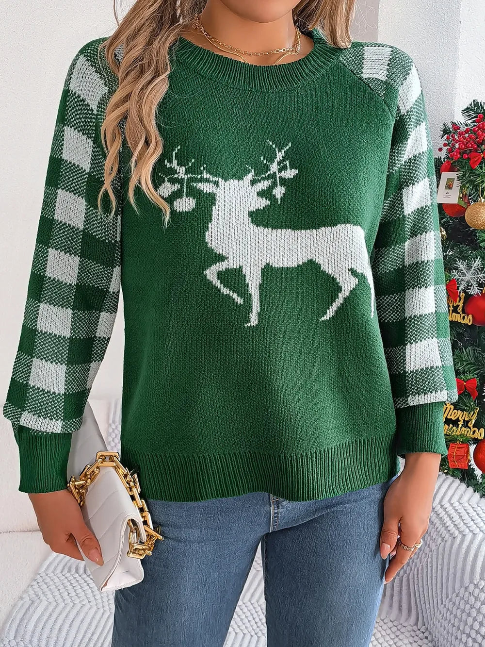Zephyr Bellamy — Reindeer Plaid Round Neck Long Sleeve Sweater, alternate view 14