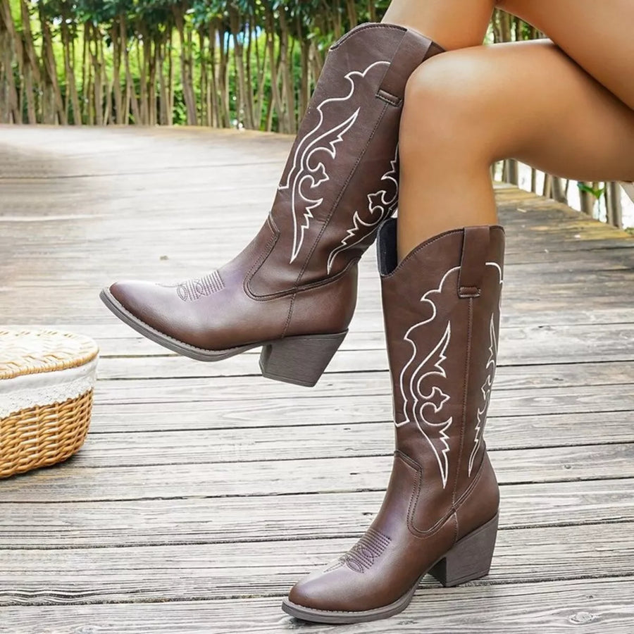 Rowan Marino — Western Embroidered Mid-Calf Boots Fashion Footwear
