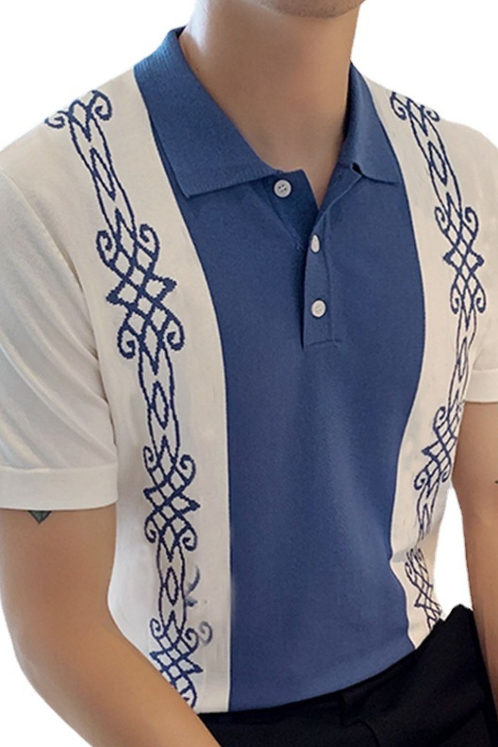 Leander Beaumont — Men's Plus Size Button Detail Short Sleeve Polo Dusty Blue Men's Tailored Shorts, alternate view 4