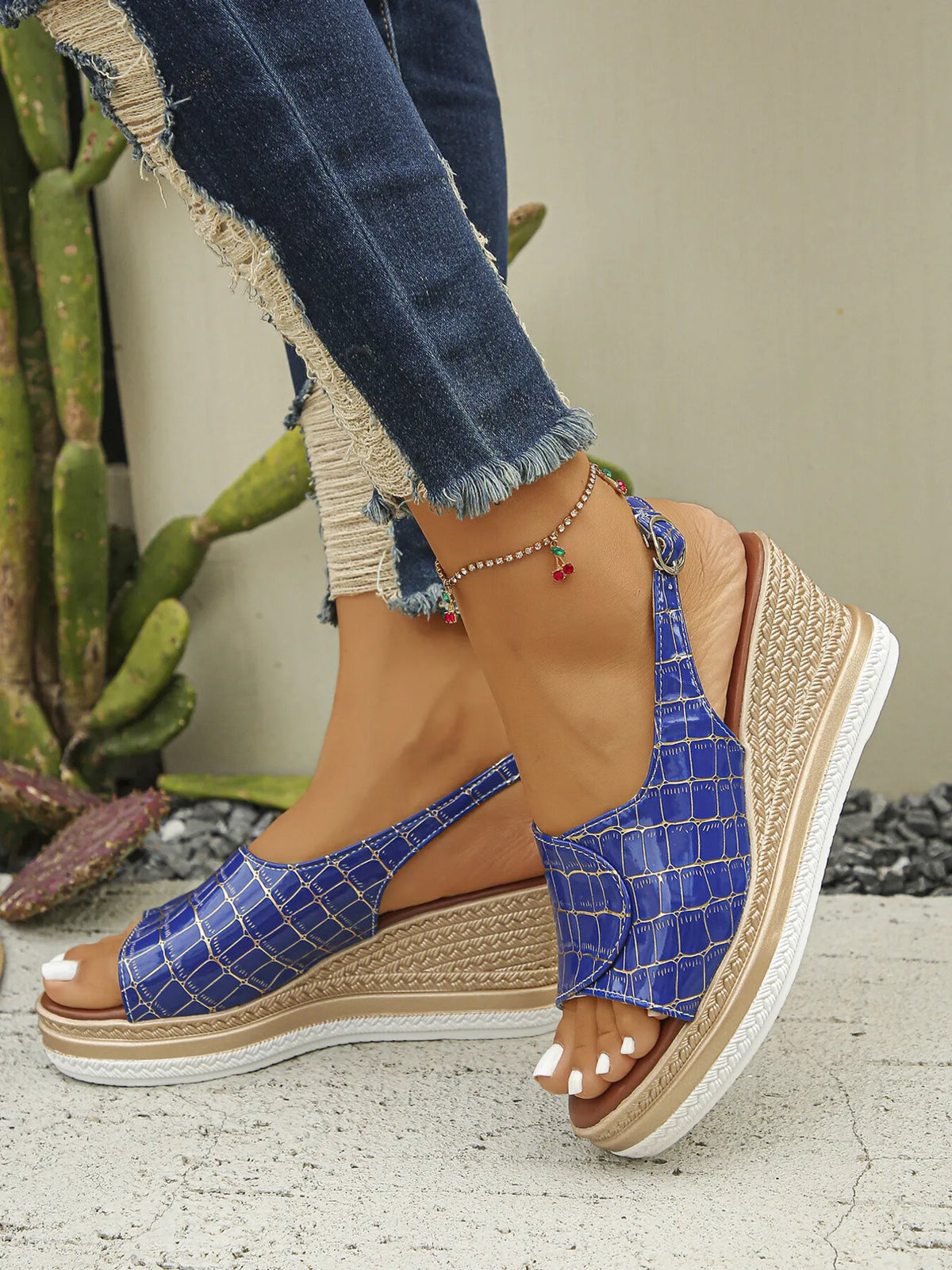 Ellis Fiorenza — Crocodile Pattern Platform Wedge Sandals Fashion Footwear, alternate view 4
