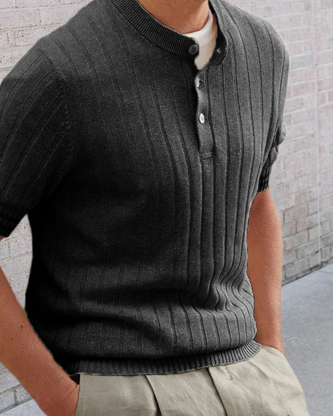 Men's Plus Size Ribbed Quarter Button Round Neck Striped Trim Polo - Opulent Empire
