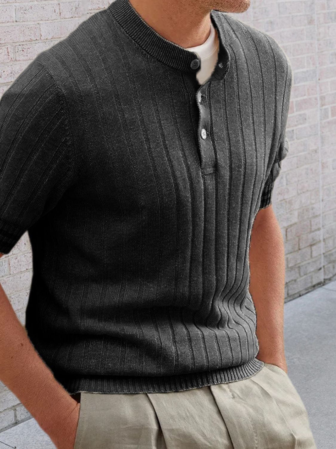 Dorian Beaumont — Men's Plus Size Ribbed Quarter Button Round Neck Striped Trim Polo, alternate view 4