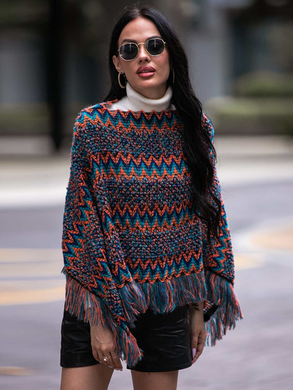 Harbor Versailles — Shiny Fringe Hem Boat Neck Poncho, alternate view 3