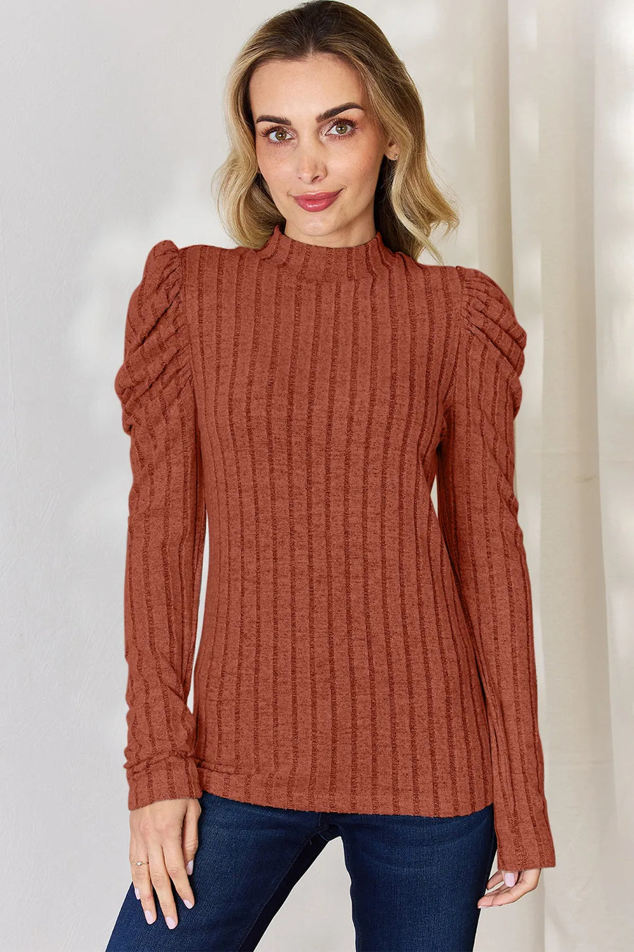Ciel Delacroix — Basic Bae Full Size Ribbed Mock Neck Puff Sleeve T-Shirt