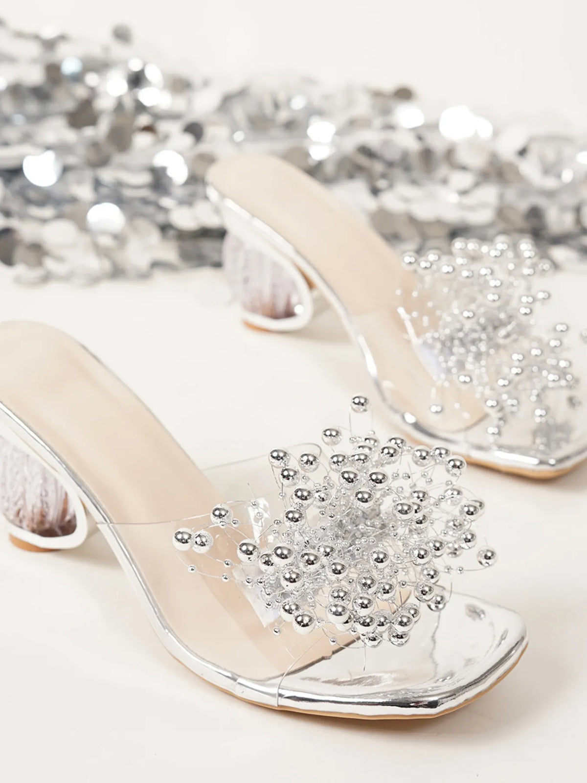 Hollis Fiorenza — Pearl Embellished Clear Strap Sandals Fashion Footwear, alternate view 5