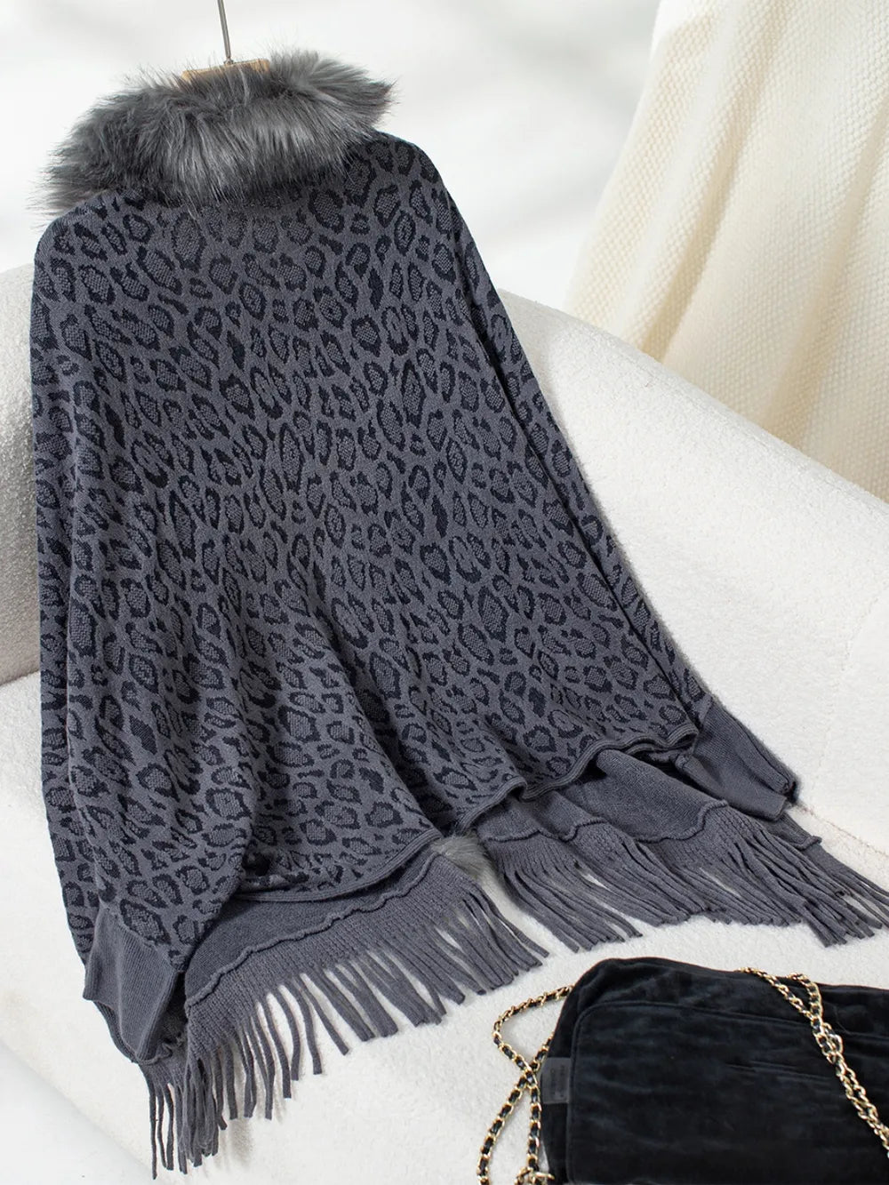 Rain Sorrento — Fringe Leopard Open Front Long Sleeve Poncho, alternate view 9