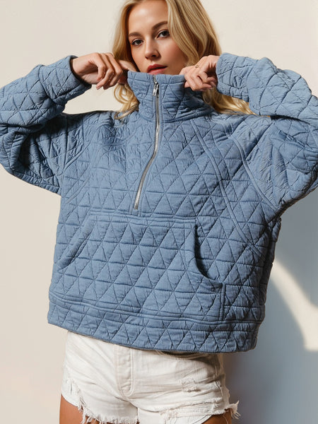 Double Take Half Zip Long Sleeve Quilted Sweatshirt with Pocket