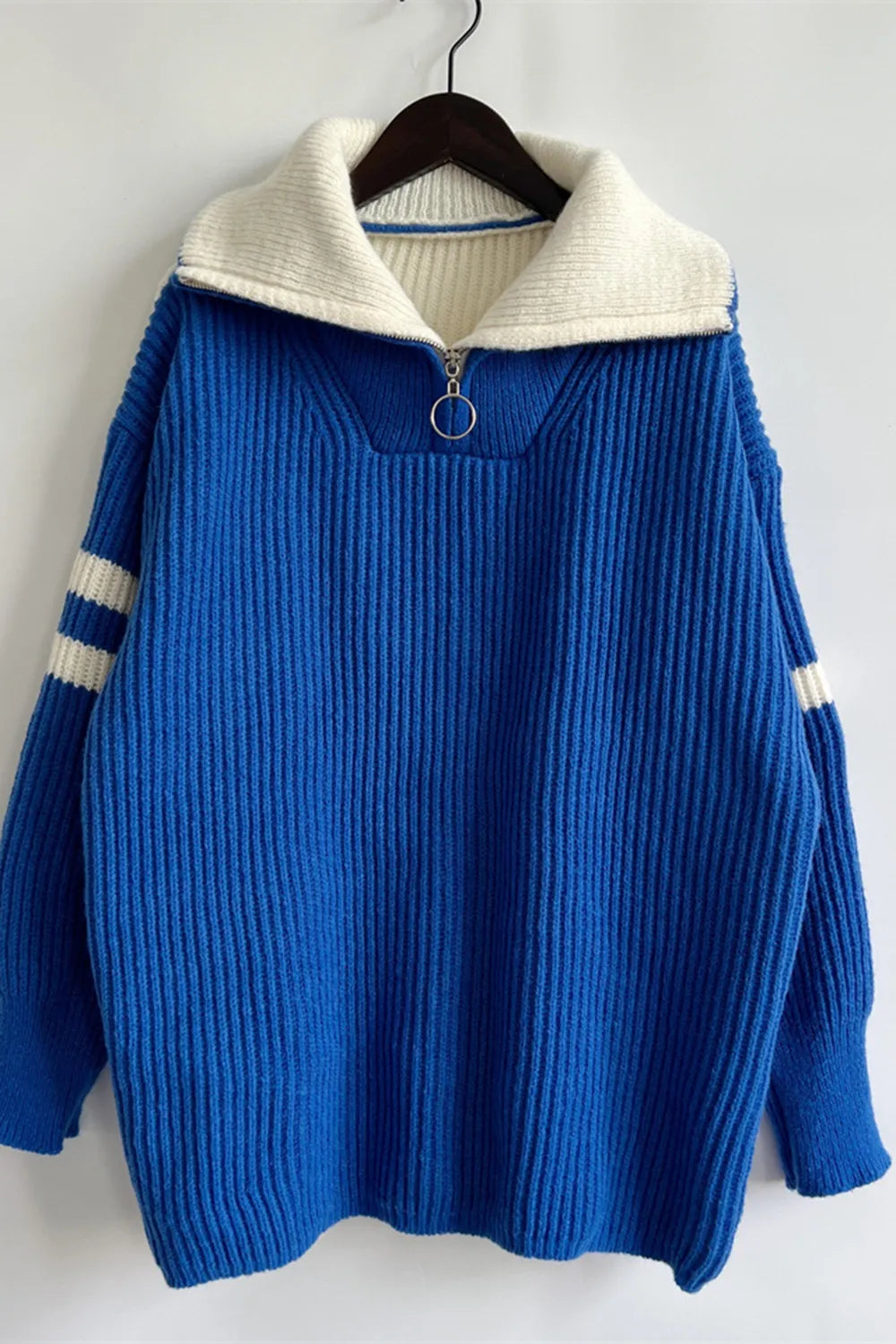 Reese Valmont — Quarter Zip Striped Dropped Shoulder Sweater, alternate view 3