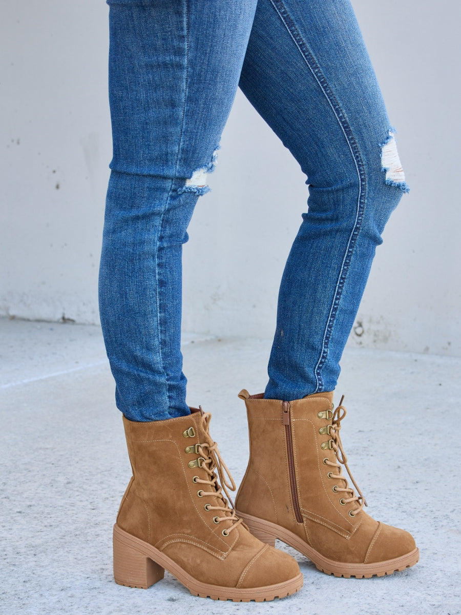 Forever Link Lace-Up Zipper Detail Block Heel Boots - Opulent Empire