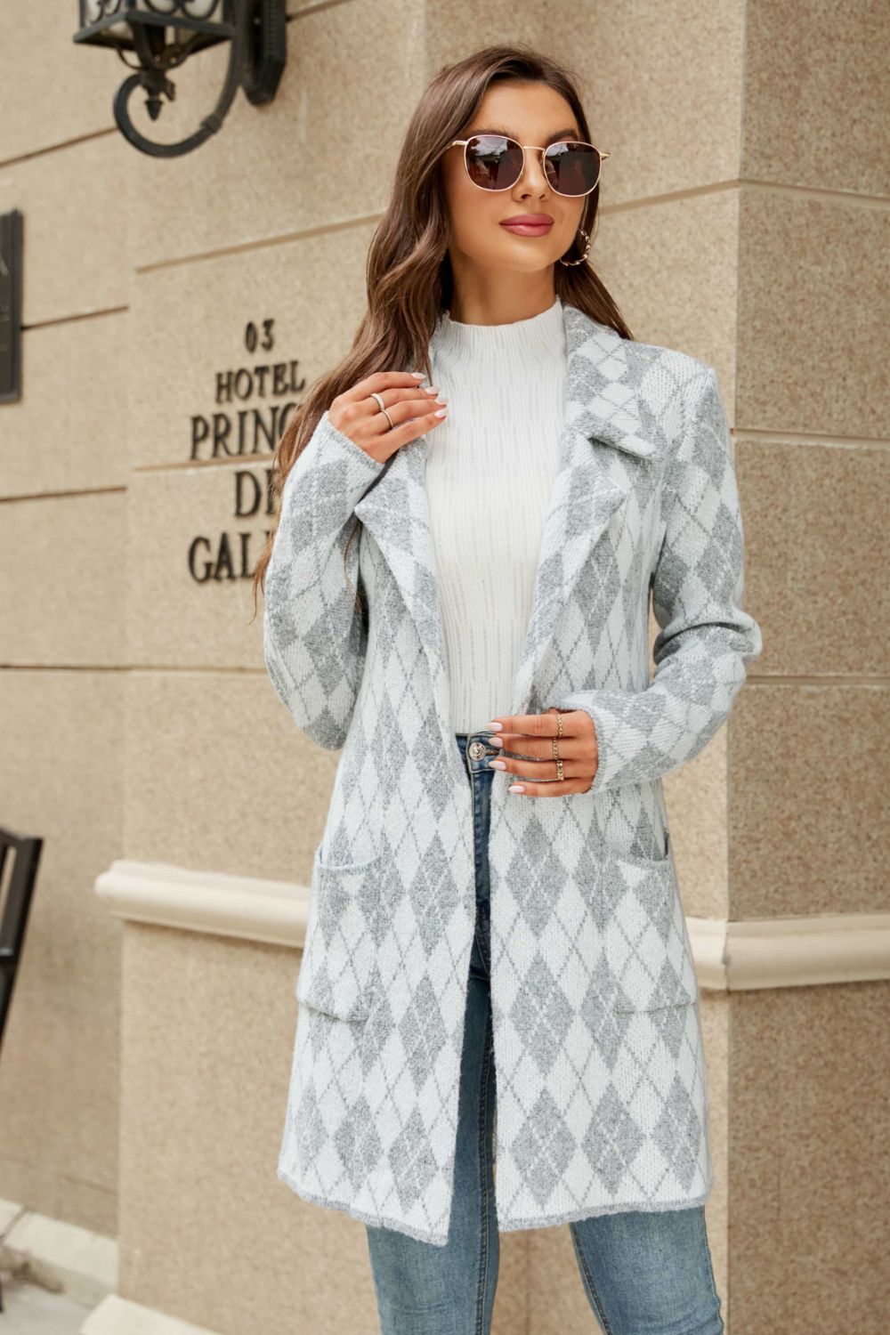 Wren Moreau — Printed Open Front Lapel Collar Cardigan with Pockets, alternate view 8