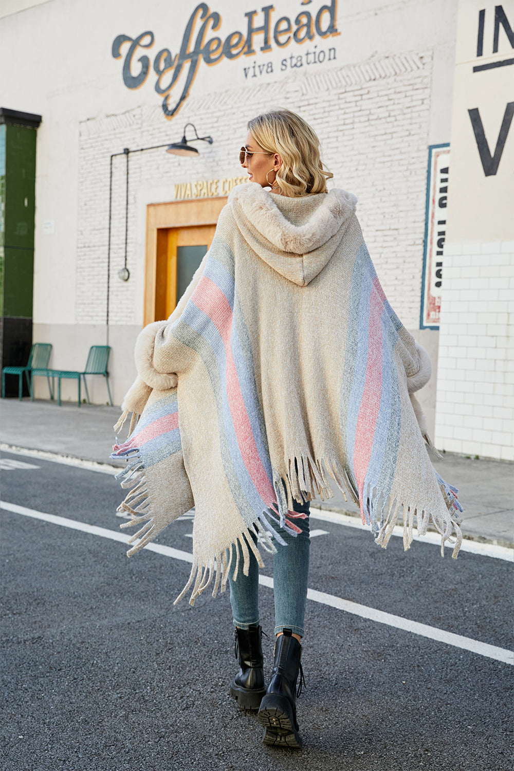 Fable Versailles — Color Block Fringe Detail Poncho, alternate view 2