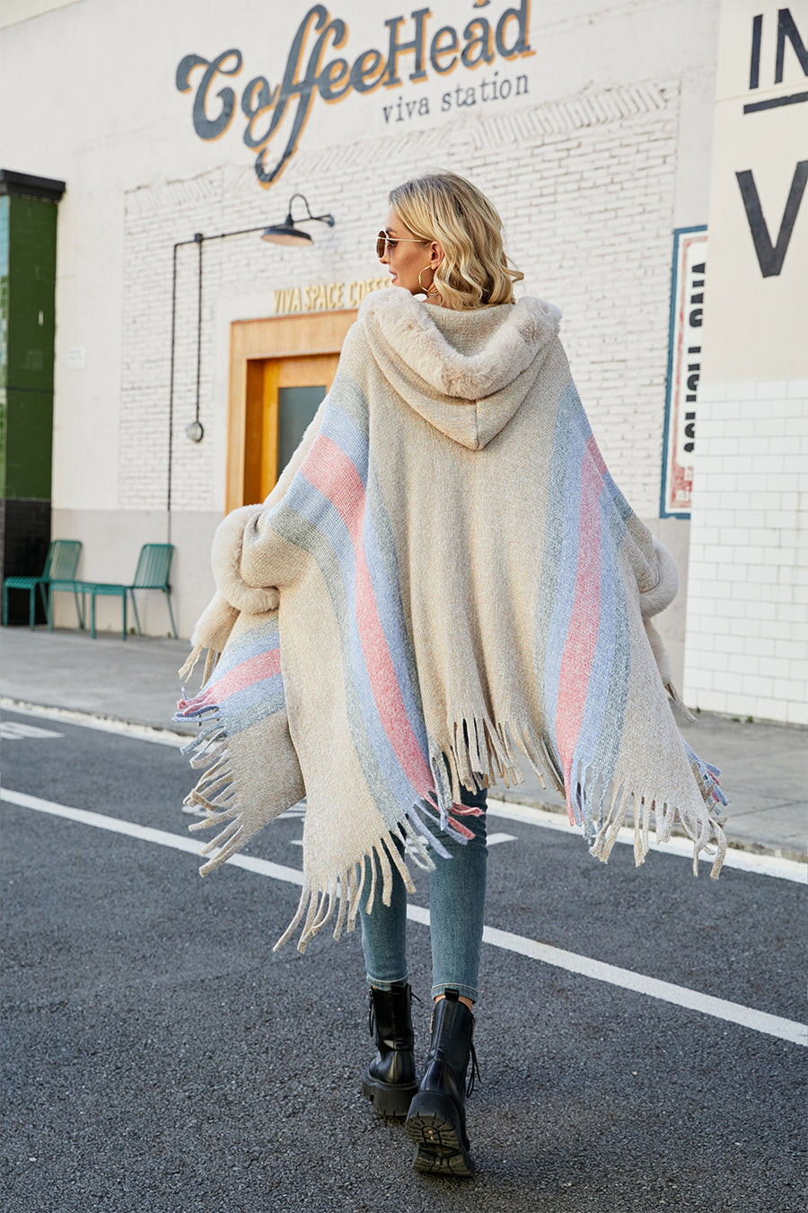 Fable Versailles — Color Block Fringe Detail Poncho, alternate view 2