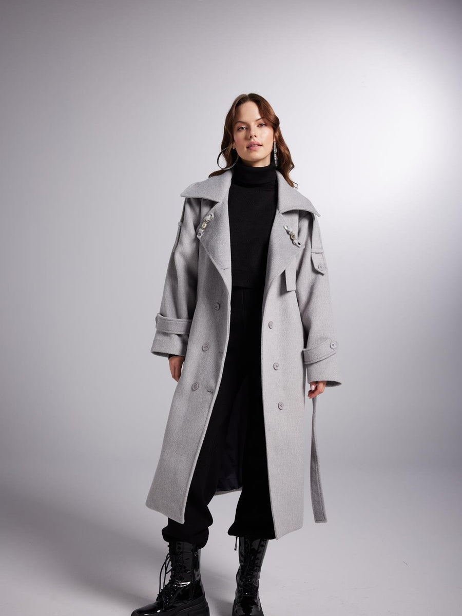 Accessorized Wool Blended Cashmere Maxi Woody Grey Coat