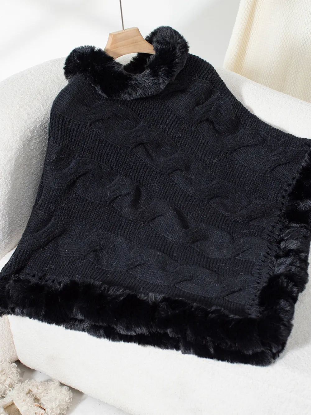 Cove Versailles — Fuzzy Hem Cable-Knit Poncho, alternate view 18