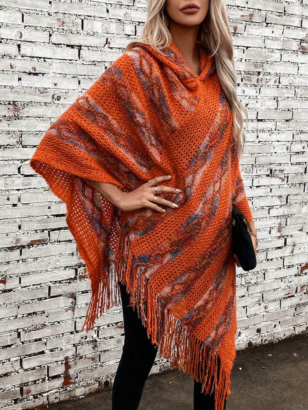 Aster Versailles — Fringe Contrast Hooded Poncho, alternate view 5